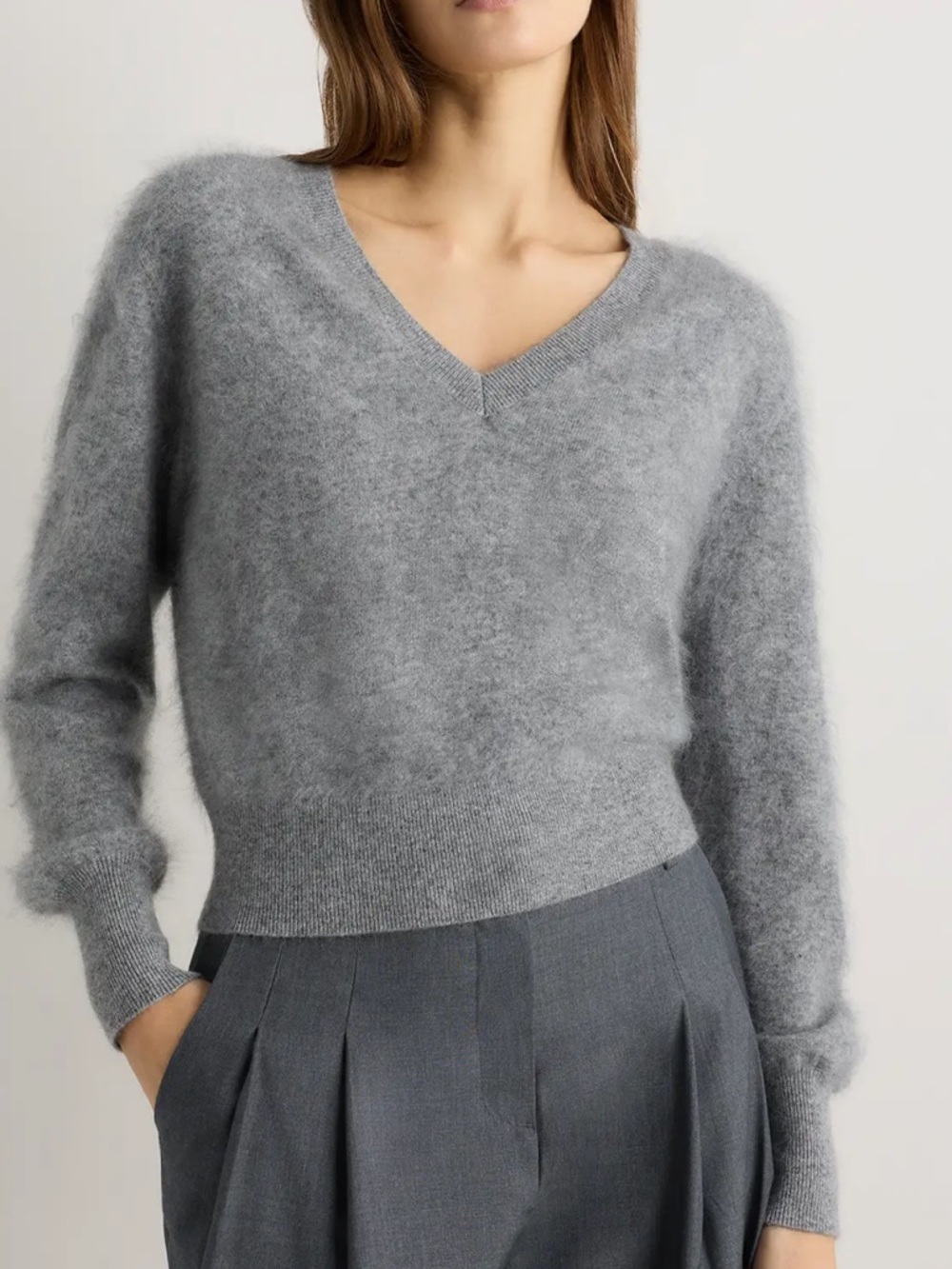 Brushed Cashmere Shrunken V Neck Sweater